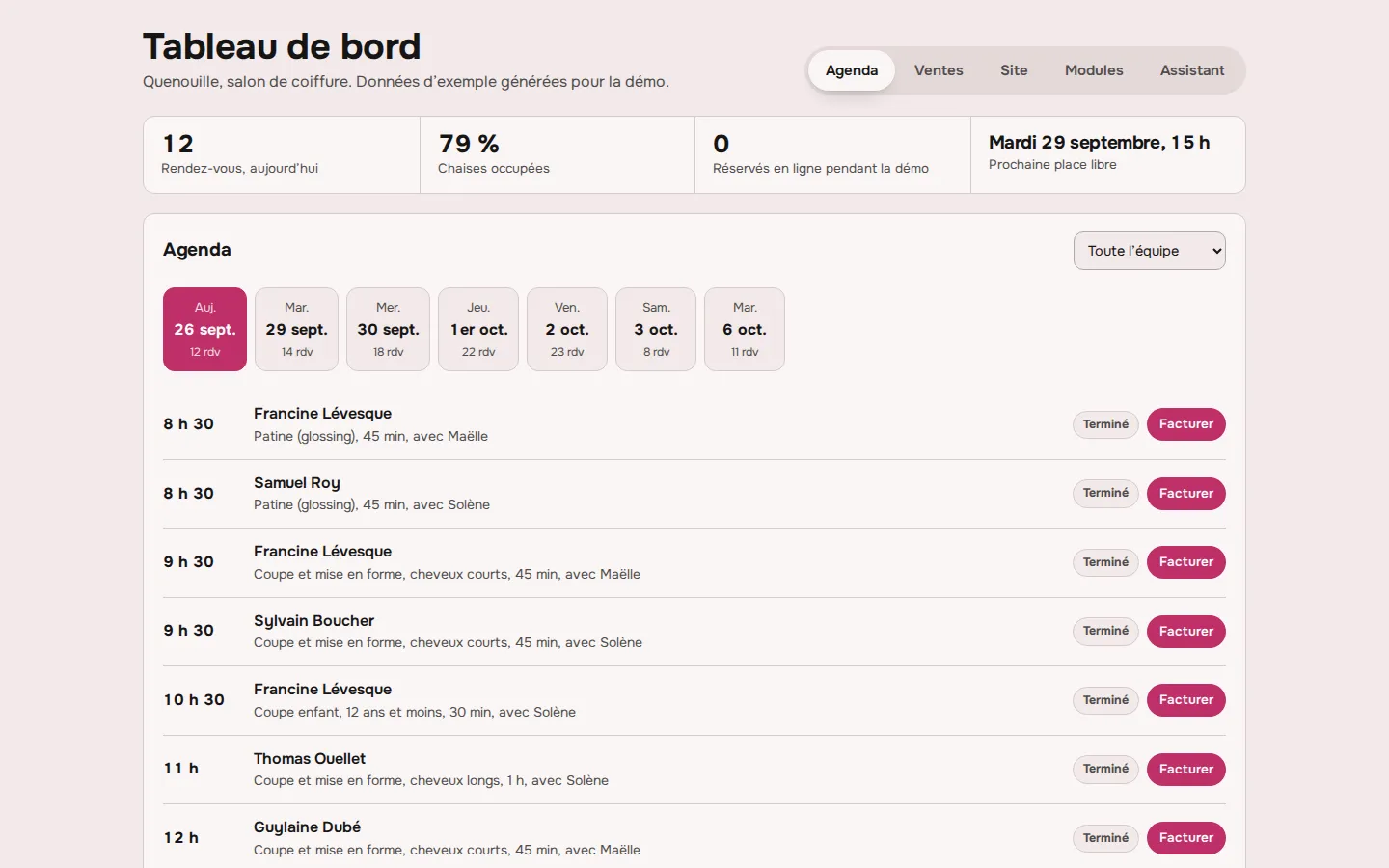 Capture du tableau de bord : agenda de la journée avec les rendez-vous